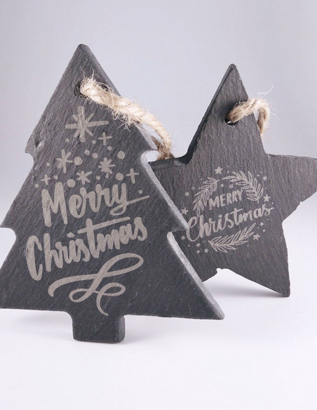 Comprar lote de 2 originales adornos de Navidad, en pizarra y grabados a una cara mediante láser.
