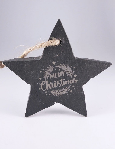 Adorno navideño con forma de estrella, de pizarra y con lazo para colgar.