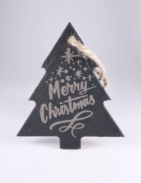 Adorno navideño con forma de árbol, de pizarra y con lazo para colgar.