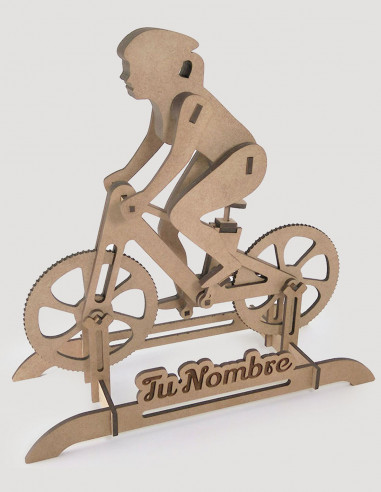 Comprar trofeo ciclista personalizado, de madera. Para mujer. Modelo bicicleta de montaña.