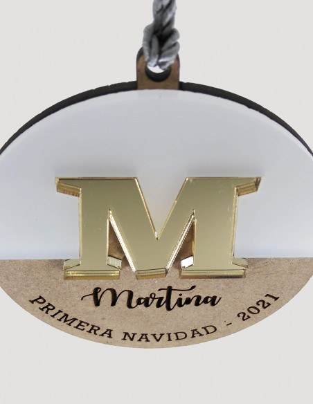 Bola de Navidad con nombre, 2 capas (metacrilato + madera)